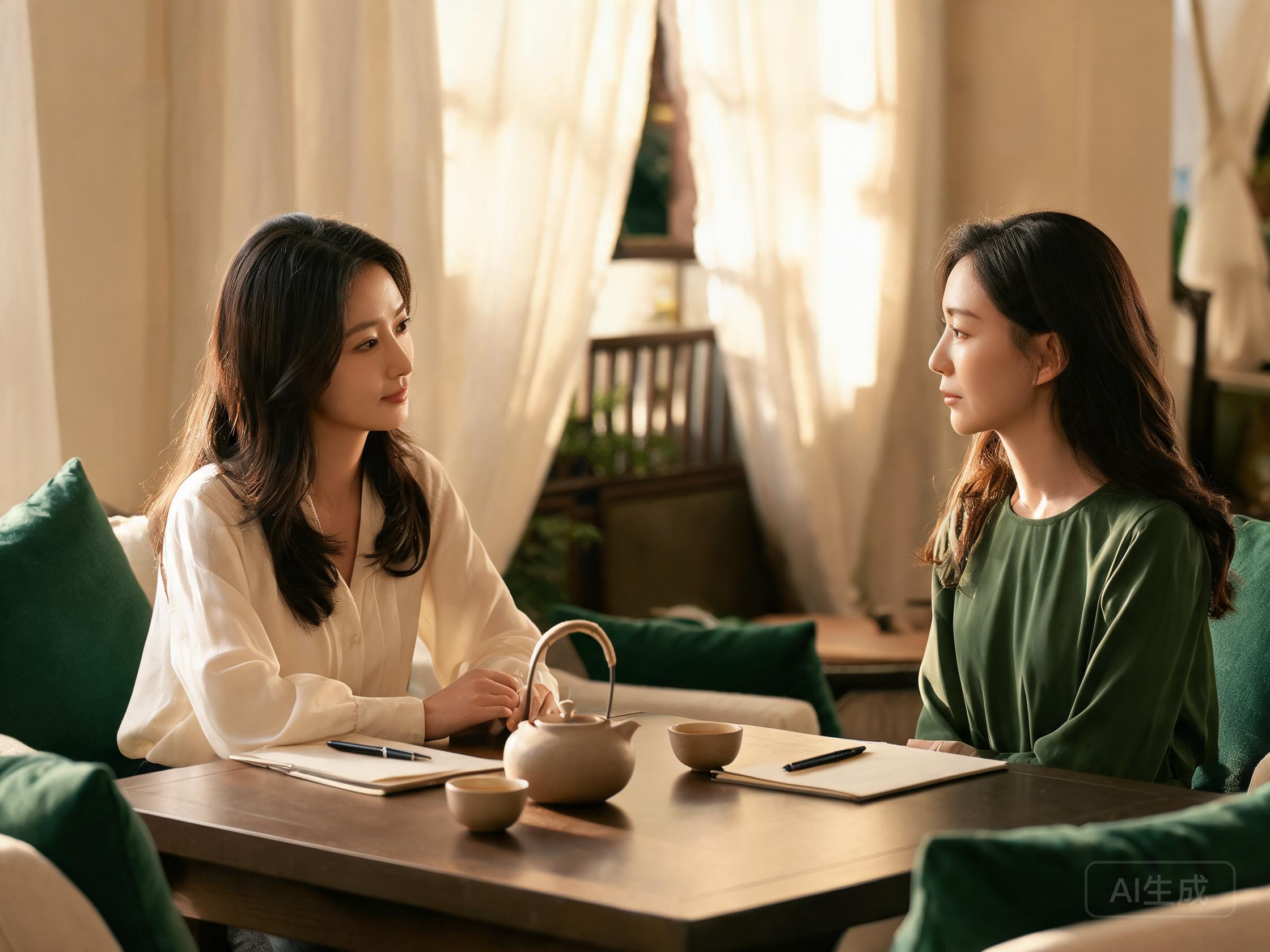 两位女性在安静茶室中进行一对一咨询