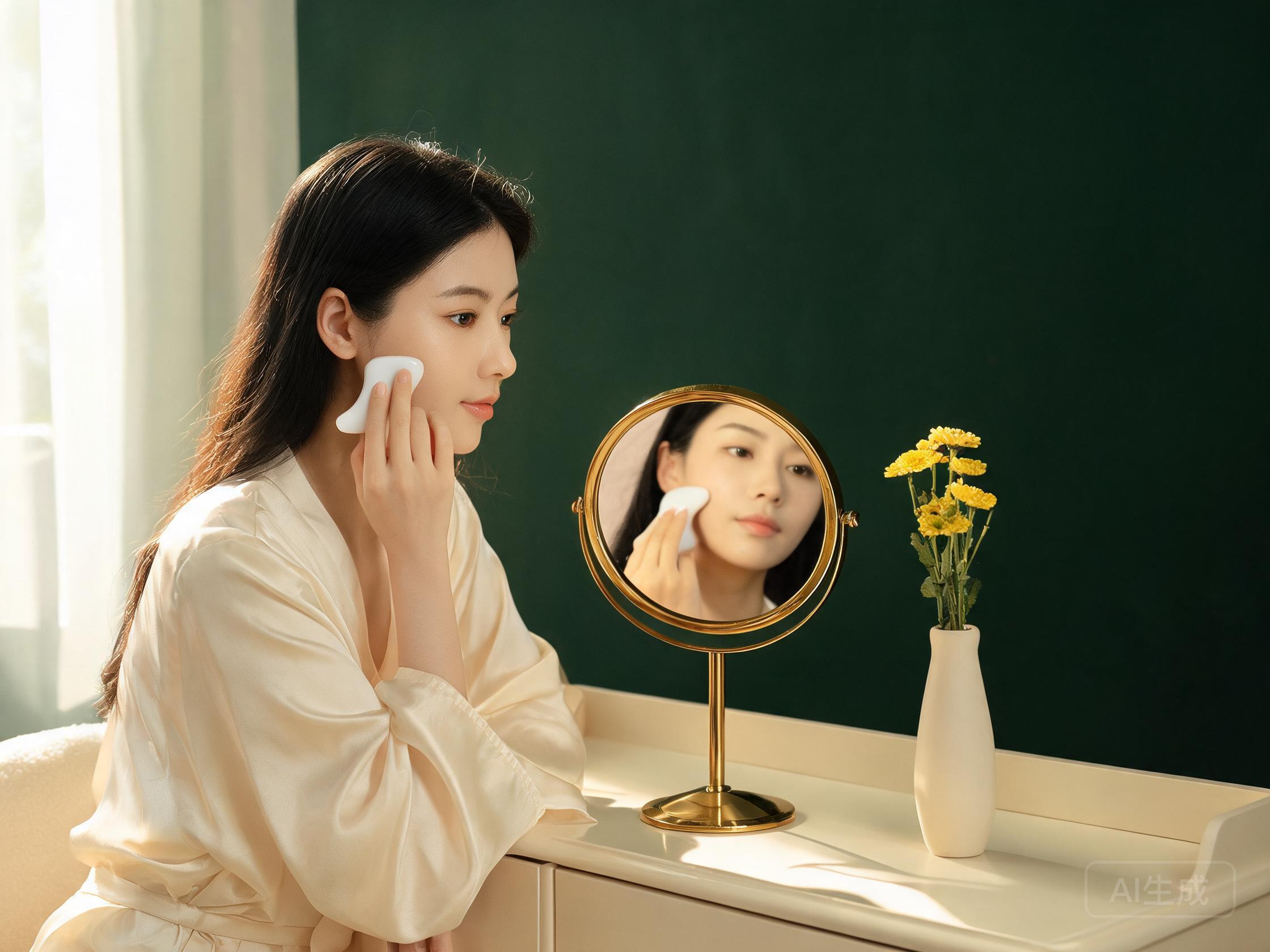 女性在晨光中进行面部刮痧